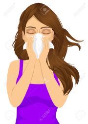portrait of young sick woman ill suffering allergy using white tissue on noseisolated on white background